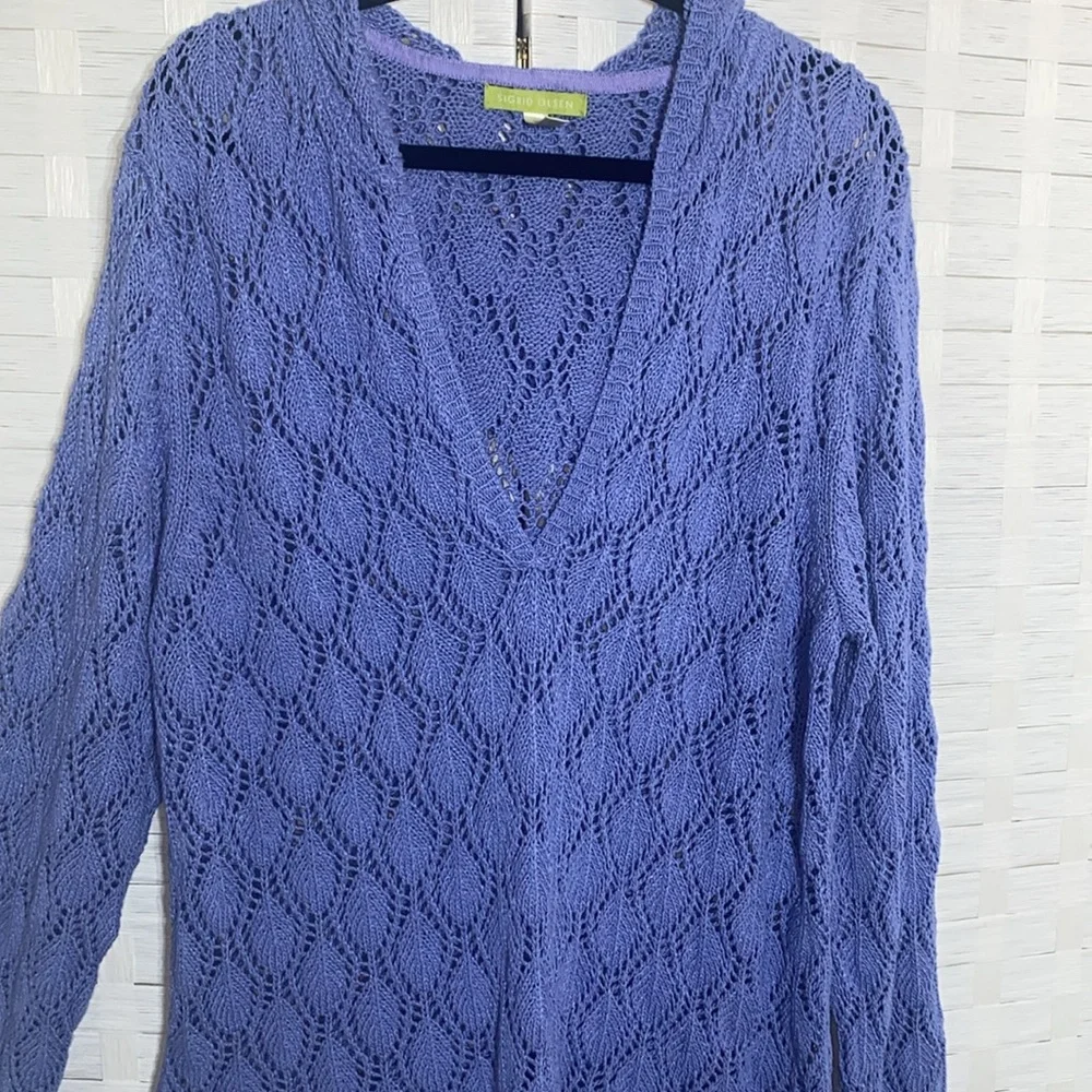 Sigrid Olsen Periwinkle V Neck Hooded Crochet Long Sleeve Top Size XL - Picture 2 of 11
